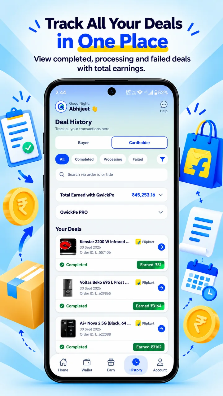 QwickPe History screen showing Buyer and Cardholder deal status examples