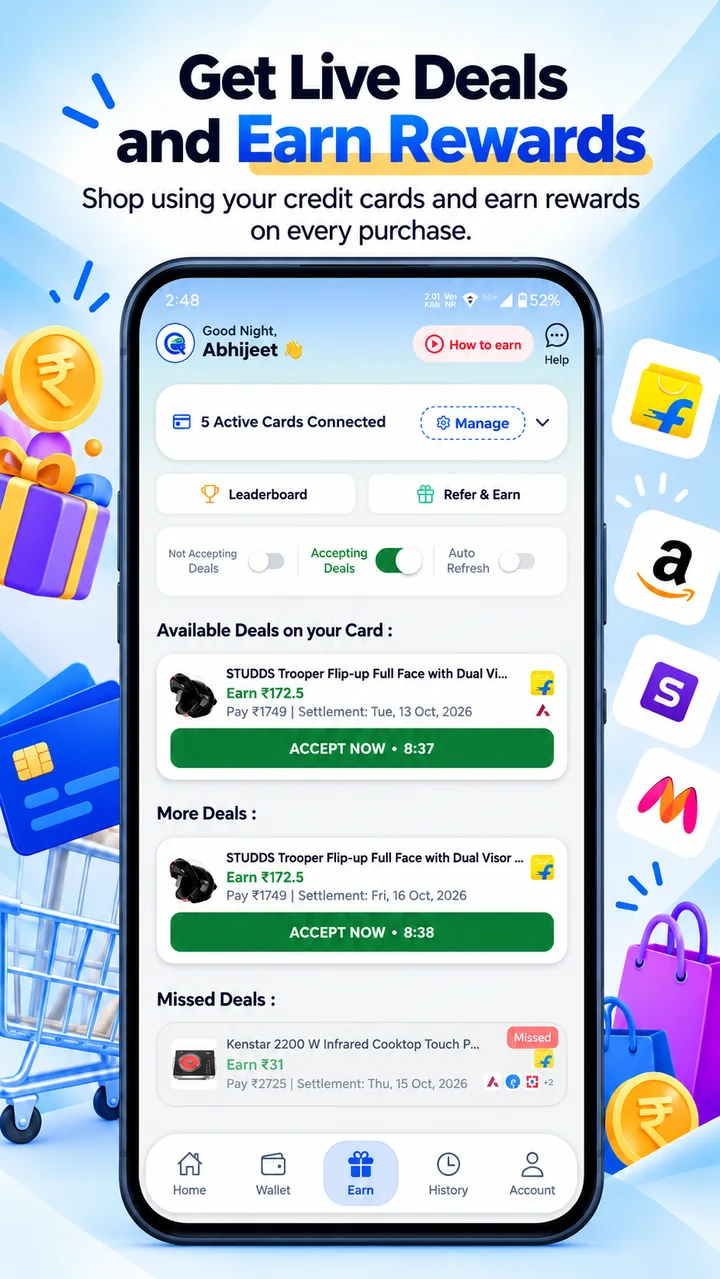 QwickPe Cardholder Earning screen showing available and missed deal examples