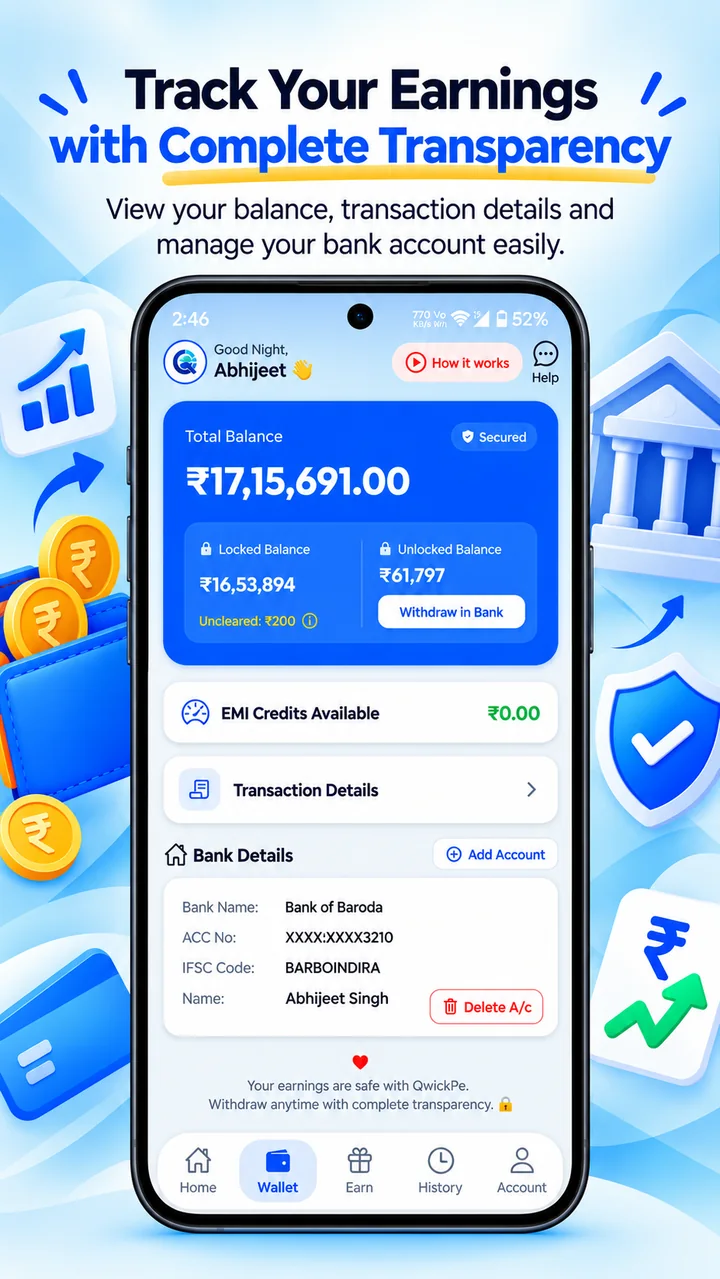 QwickPe Wallet screen preview with balance activity and account details