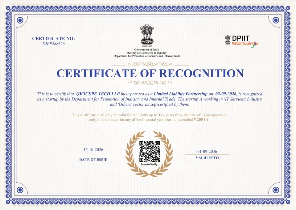 Government of India DPIIT Certificate of Recognition for QwickPe Tech LLP under the Startup India initiative